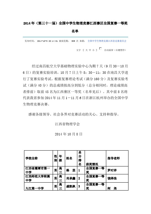 2014年(第三十一届)全国中学生物理竞赛江西赛区全国复赛一等奖名单