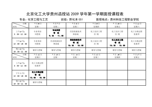 北京化工大学贵州函授站2009学年第一学期面授课程表(精)