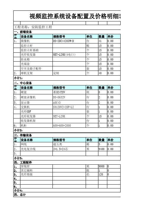 安防视频监控系统设备配置及价格明细表-模板