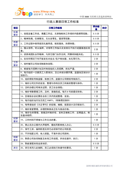 行政人事部日常工作标准