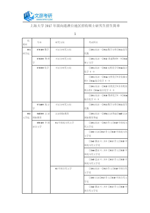 上海大学2017年面向港澳台地区招收硕士研究生招生简章1