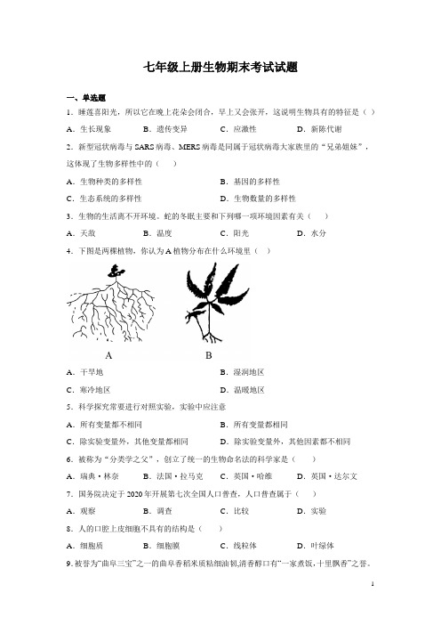 七年级上册生物期末考试试题带答案