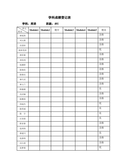 四年段英语学科成绩登记表