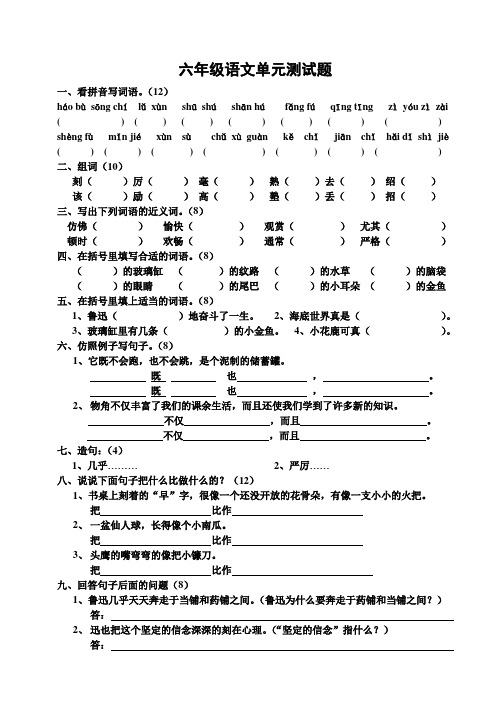 语文第十一册教案六年级语文单元测试题