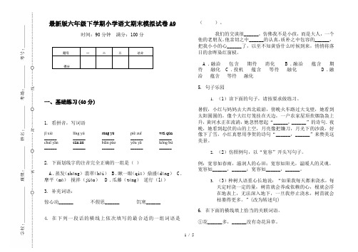 最新版六年级下学期小学语文期末模拟试卷A9