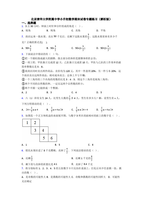 北京清华大学附属中学小升初数学期末试卷专题练习(解析版)