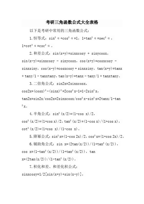 考研三角函数公式大全表格