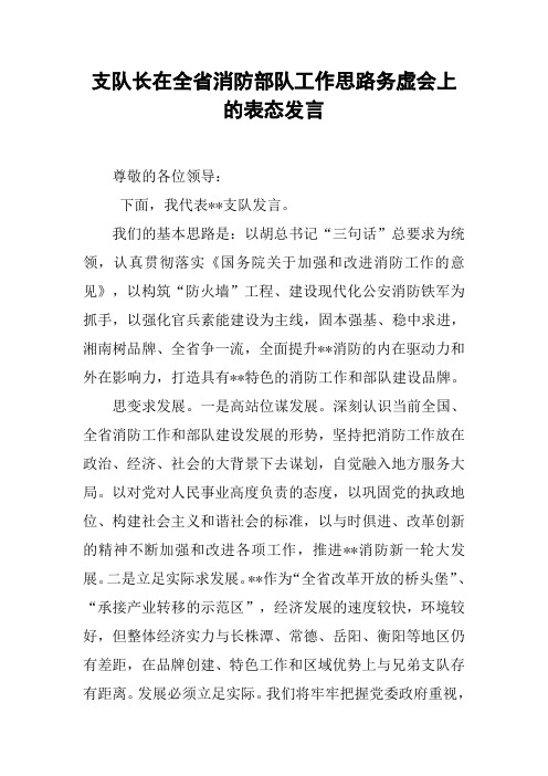 支队长在全省消防部队工作思路务虚会上的表态发言