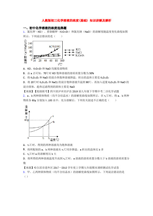 人教版初三化学溶液的浓度(基础) 知识讲解及解析