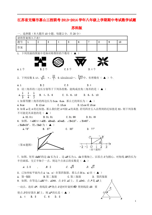 江苏省无锡市惠山三校联考2013-2014学年八年级数学上学期期中试题 苏科版