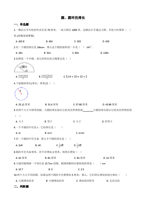 小升初数学总复习专题训练：圆、圆环的周长与面积