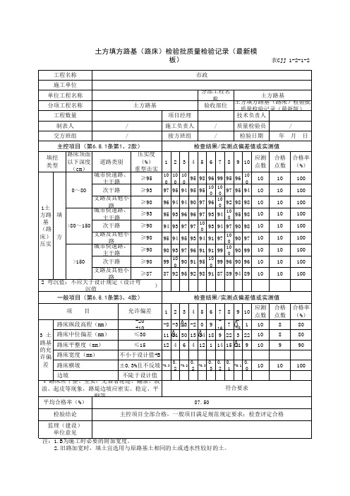 土方填方路基(路床)检验批质量检验记录(最新模板))