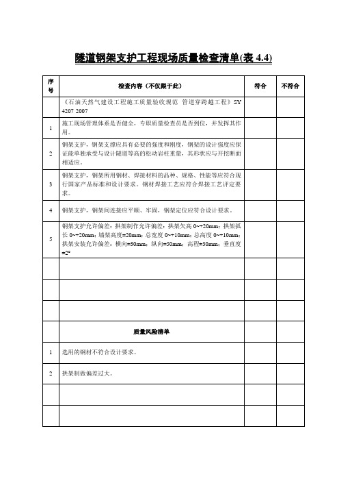 4.4隧道钢架支护工程现场质量检查清单