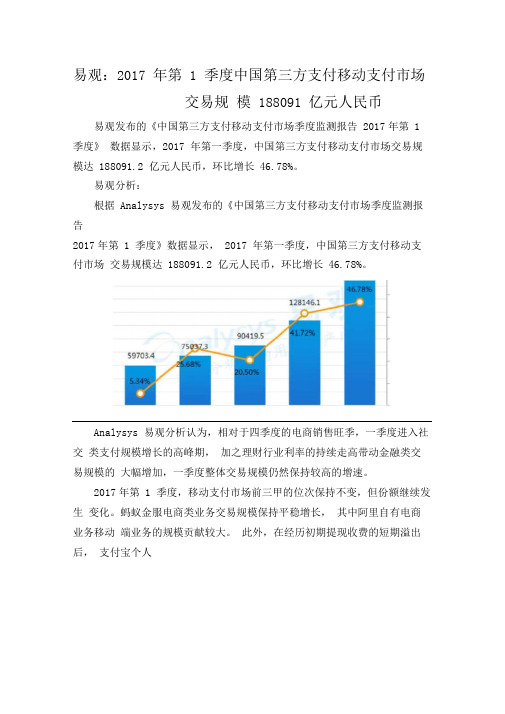 易观2017年第1季度中国第三方支付移动支付场交易规模188091亿元人民币