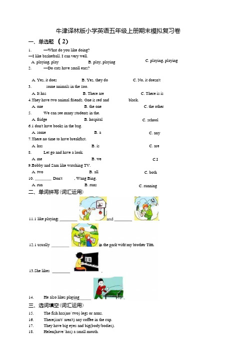 牛津译林版小学英语五年级上册期末模拟复习卷(2).docx