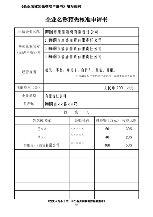 企业名称预先核准申请书-范例