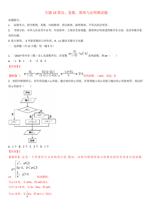 2019年高考数学艺术生百日冲刺  专题16算法复数推理与证明测试题-有答案解析