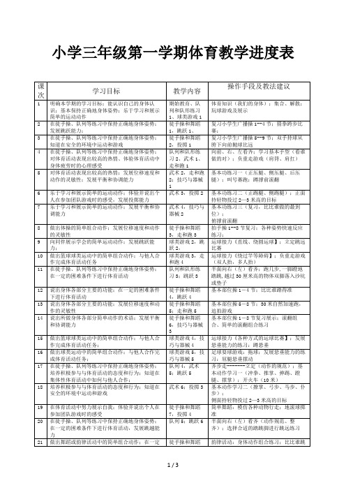 小学三年级第一学期体育教学进度表