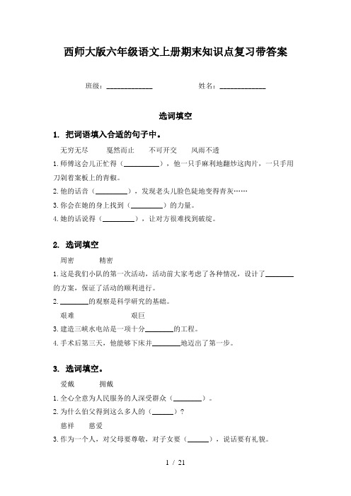 西师大版六年级语文上册期末知识点复习带答案