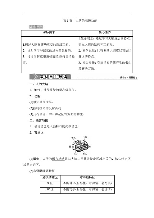 高中生物选择性必修一 第5节 人脑的高级功能