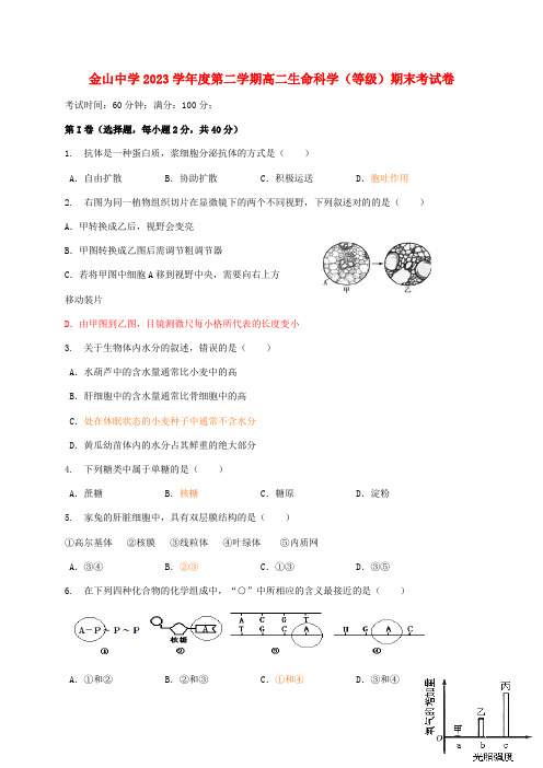 2023年上海市金山中学高二生命科学下学期期末考试试题(等级考)