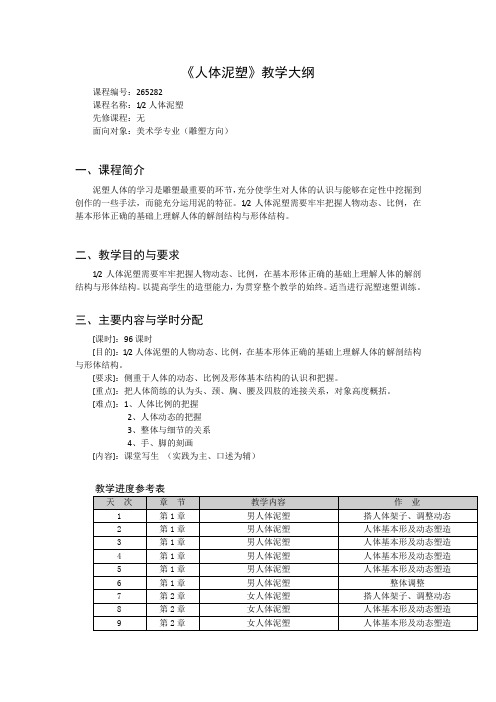 《人体泥塑》课程教学大纲