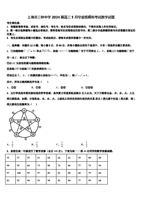 上海市三林中学2024届高三5月毕业班模拟考试数学试题