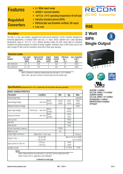 RECOM 电源 RSE 系列 2W 隔离 DC DC 转换器 产品说明书