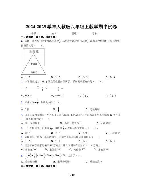 小学数学六年级上册期中易错题重难点试卷含详细答案解析0664