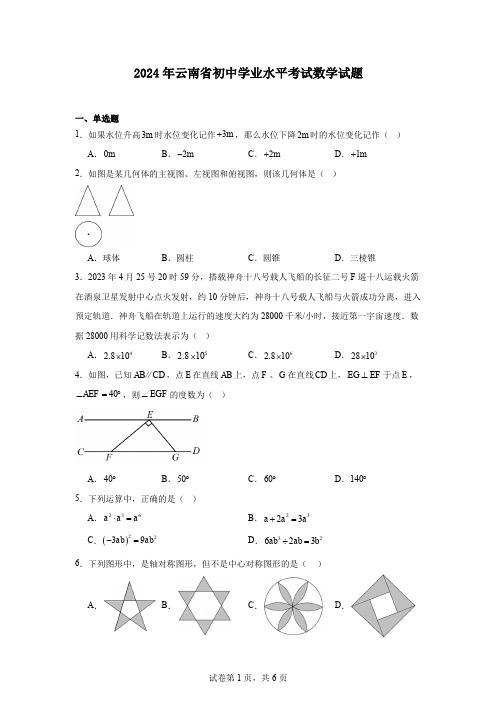 2024年云南省初中学业水平考试数学试题