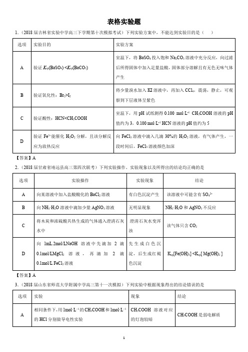 《表格实验题》练习卷