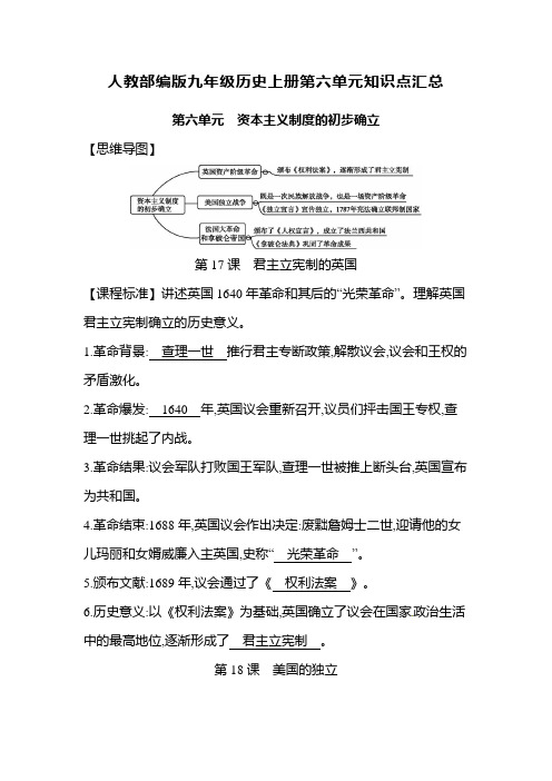 人教部编版九年级历史上册第六单元知识点汇总 资本主义制度的初步确立