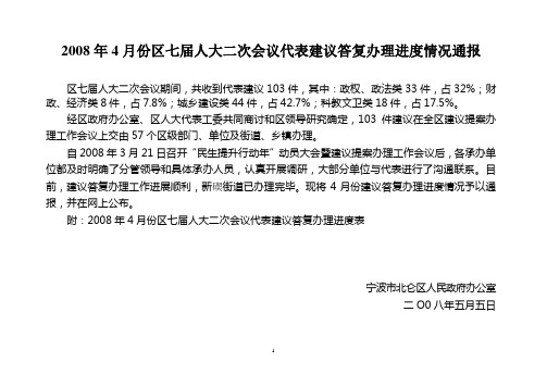 2008年4月份区七届人大二次会议代表建议答复办理进度情