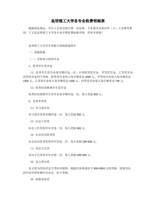 昆明理工大学各专业收费明细表