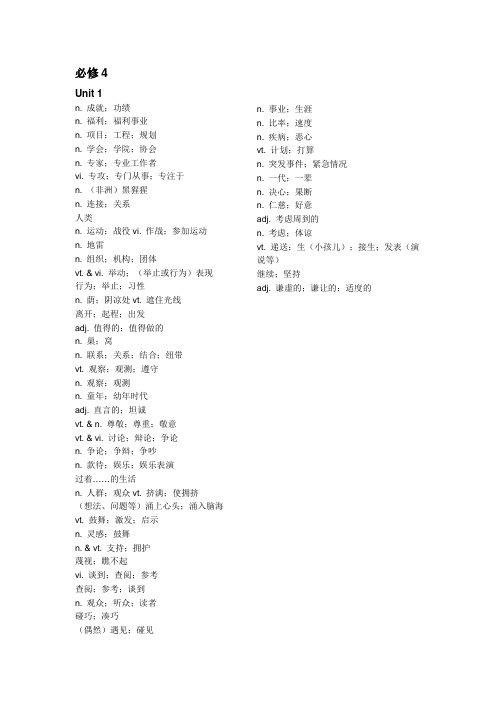 高中英语必修4单词表中文(供默写英文)