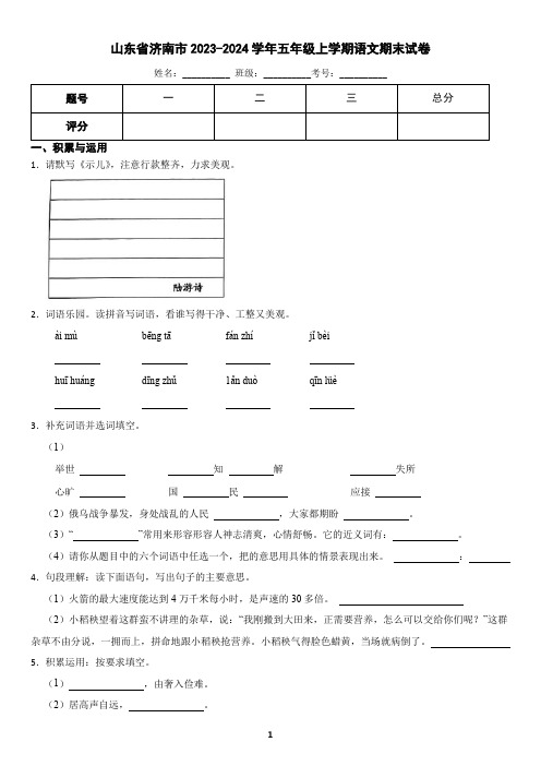 山东省济南市2023-2024学年五年级上学期语文期末考试试卷(含答案)