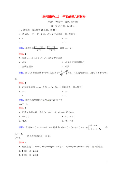 高中数学 第二章 平面解析几何初步单元测评卷 新人教B版必修2