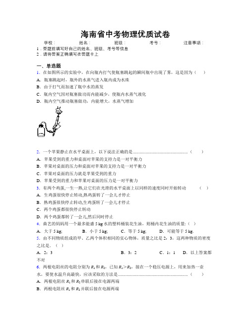 海南省中考物理优质试卷附解析