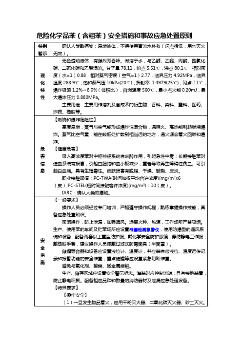 危险化学品苯(含粗苯)安全措施和事故应急处置原则