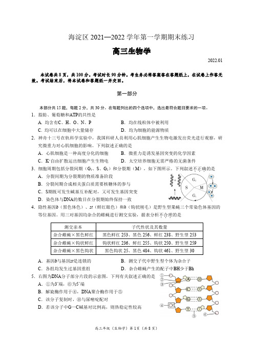 北京市海淀区2022-2023学年上学期期末高三生物试卷及参考答案