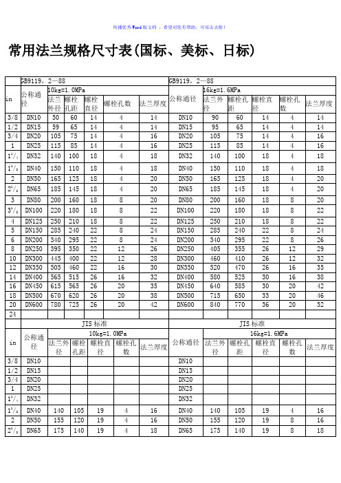 法兰规格尺寸表Word版