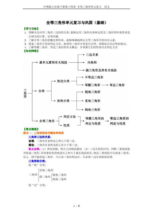 沪教版七年级下册第十四章 全等三角形单元复习  讲义