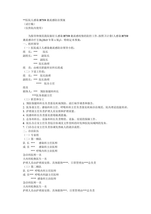 医院人感染H7N9禽流感防治预案