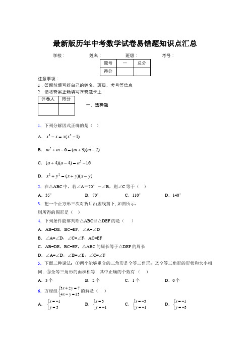 2019最新版历年中考数学试卷易错题知识点汇总127549