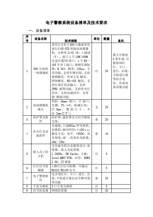 电子警察系统设备清单及技术要求