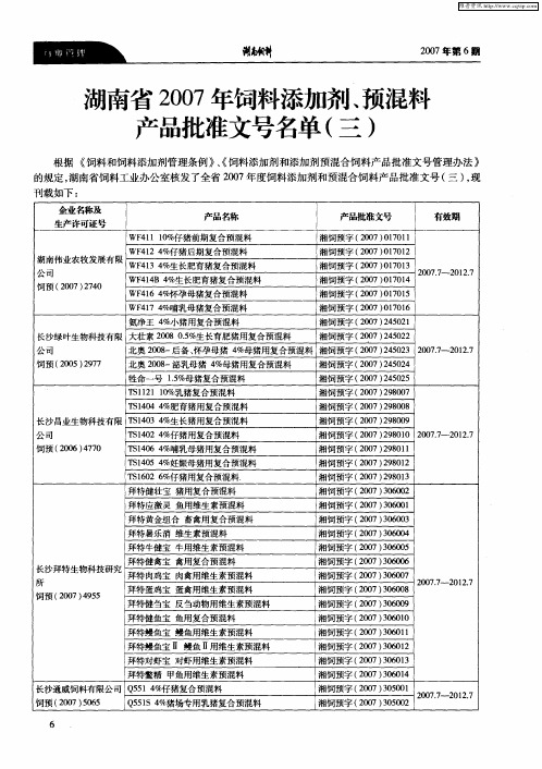 湖南省2007年饲料添加剂、预混料产品批准文号名单(三)