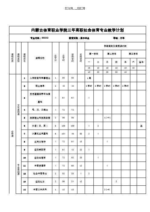 内蒙古体育职业学院三年高职社会体育专业教学计划