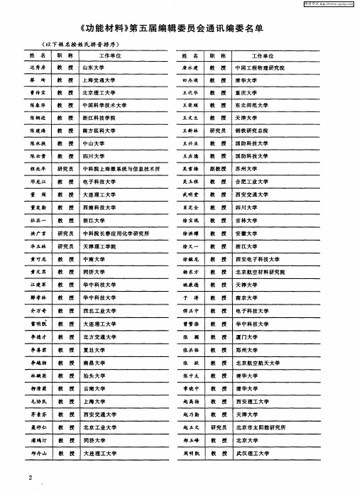 《功能材料》第五届编辑委员会通讯编委名单