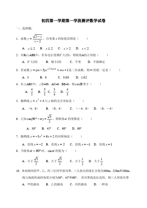 初四第一学期第一学段测评数学试卷