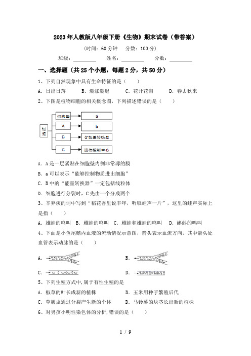 2023年人教版八年级下册《生物》期末试卷(带答案)